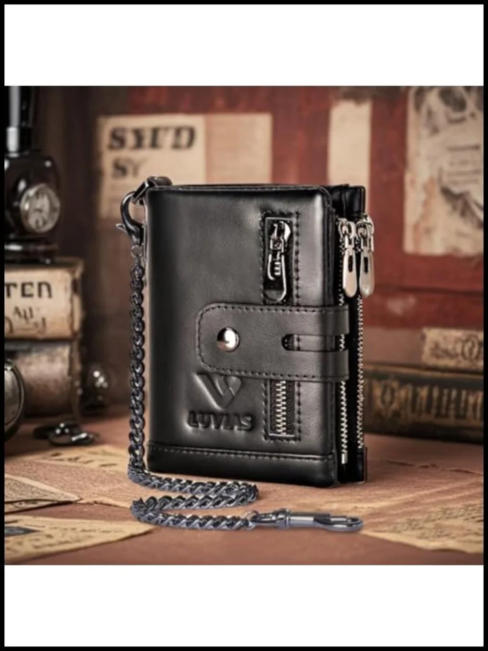 Anti-Theft Men's Genuine Leather Wallet with Chain, RFID Blocking Bifold
